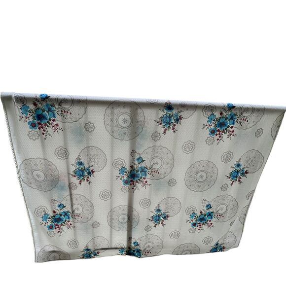 VTG Blue Floral Lace Trim Tablecloth Baroque Texture Satin 62x90” Rectangle Boho - Picture 3 of 7
